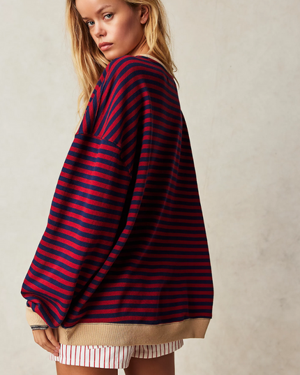 Women's Two-Tone Stripe Sweatshirt with a Relaxed Drop Shoulder