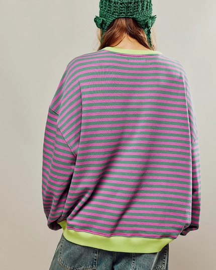 Women's Two-Tone Stripe Sweatshirt with a Relaxed Drop Shoulder