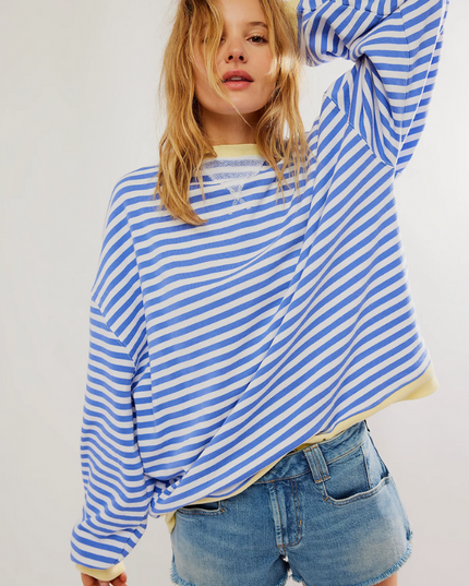 Women's Two-Tone Stripe Sweatshirt with a Relaxed Drop Shoulder