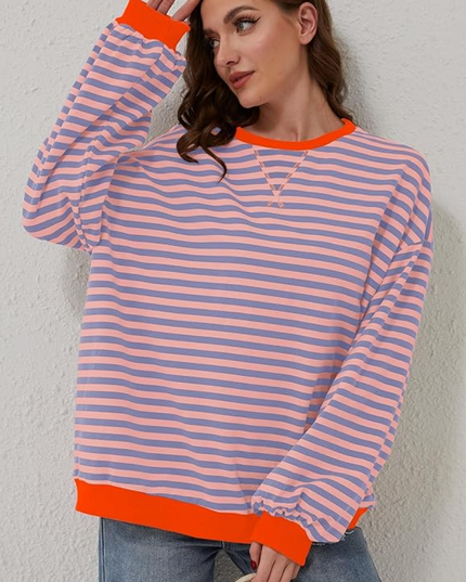Women's Two-Tone Stripe Sweatshirt with a Relaxed Drop Shoulder