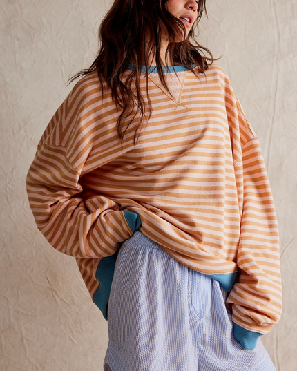 Women's Two-Tone Stripe Sweatshirt with a Relaxed Drop Shoulder
