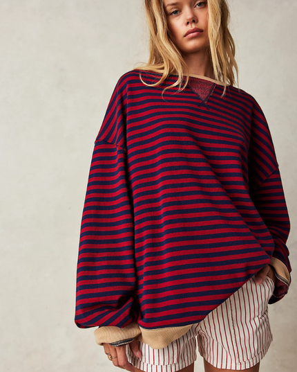 Women's Two-Tone Stripe Sweatshirt with a Relaxed Drop Shoulder
