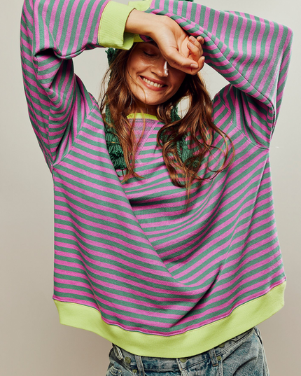 Women's Two-Tone Stripe Sweatshirt with a Relaxed Drop Shoulder