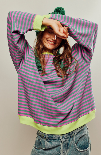 Women's Two-Tone Stripe Sweatshirt with a Relaxed Drop Shoulder