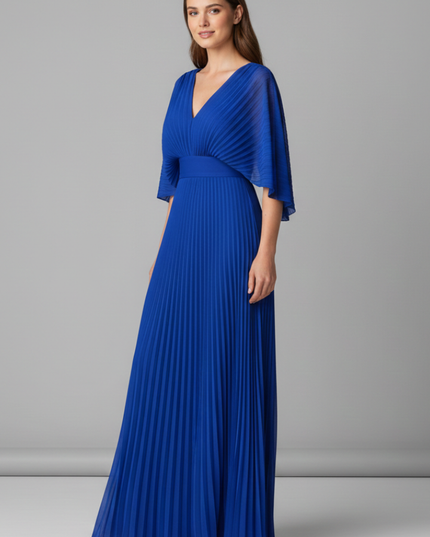 Back view of royal blue pleated maxi dress with open V back and pleated skirt