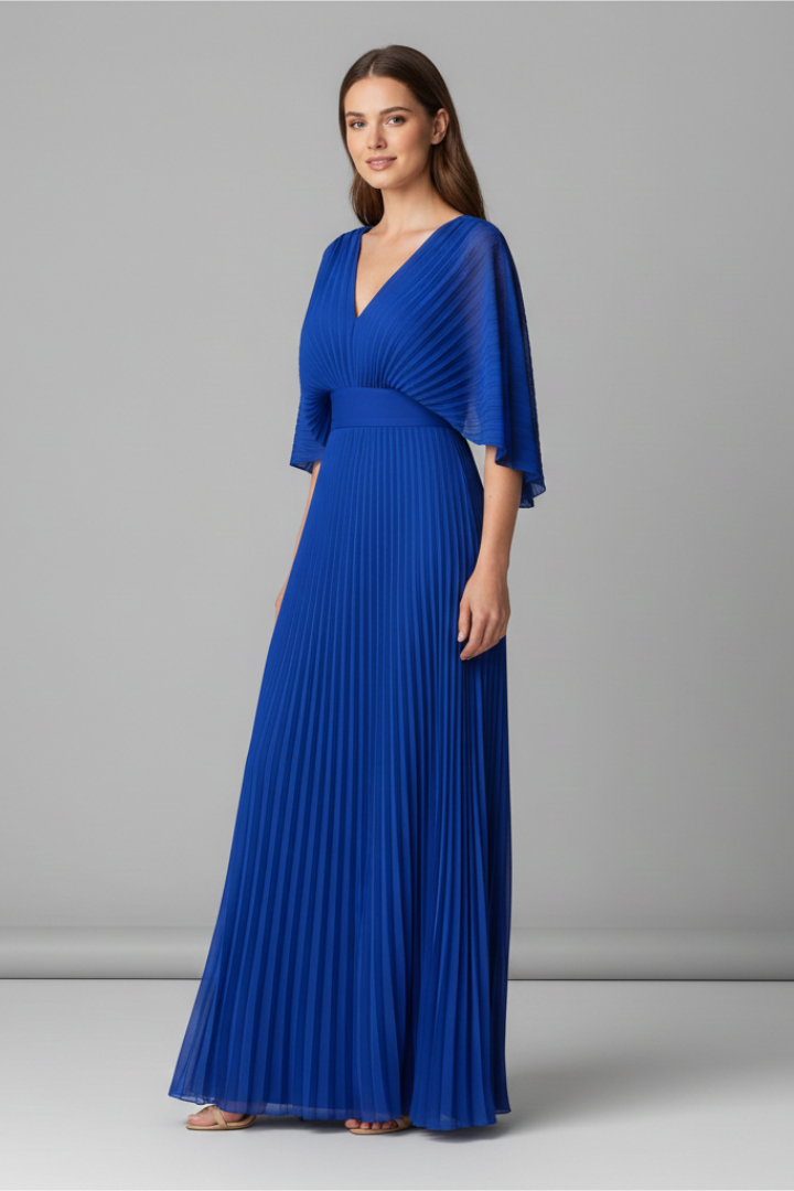 Back view of royal blue pleated maxi dress with open V back and pleated skirt