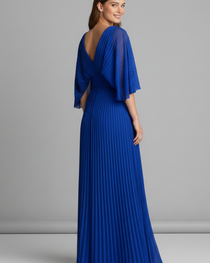 Front view of golden yellow V neck pleated maxi dress with sheer flutter sleeves