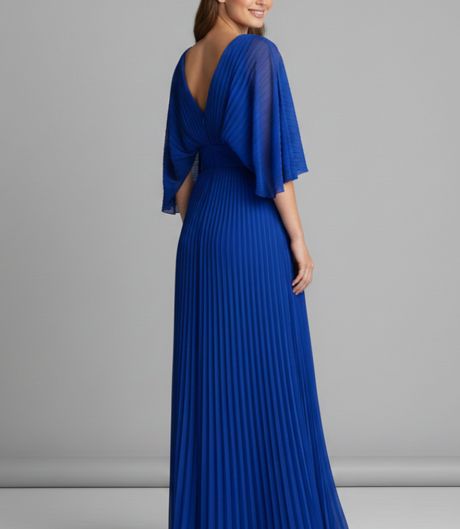 Front view of golden yellow V neck pleated maxi dress with sheer flutter sleeves