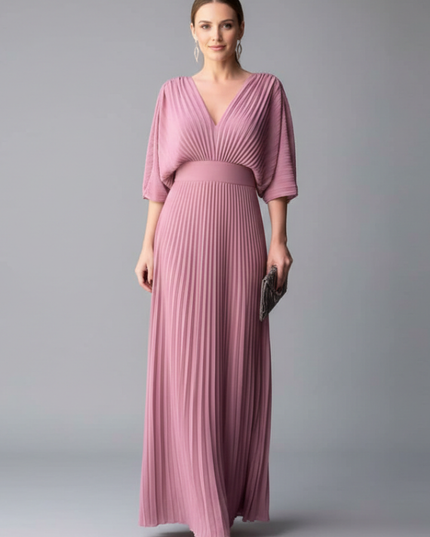 Light blue pleated maxi dress with V neck, sheer sleeves, and matching clutch