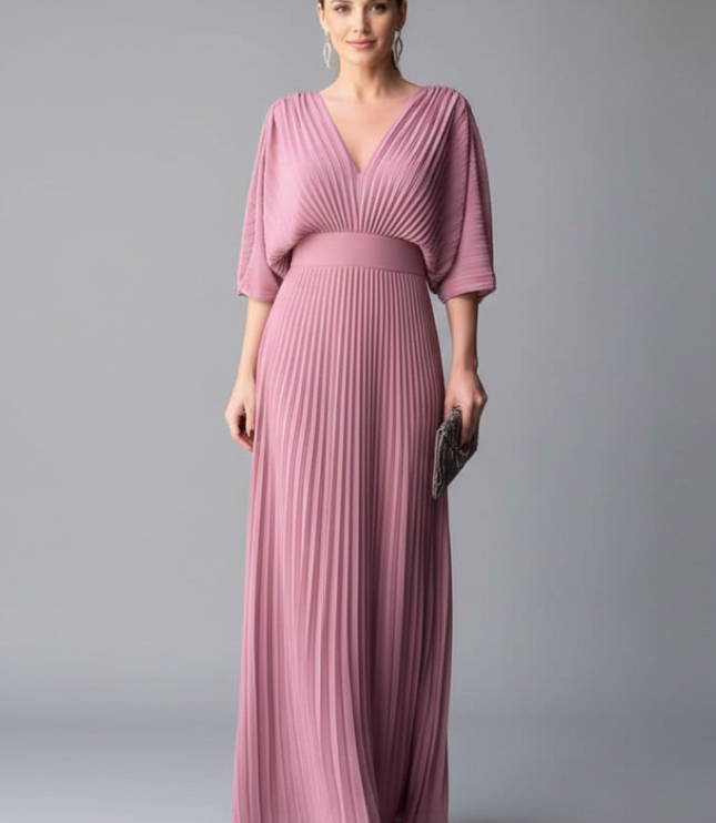 Light blue pleated maxi dress with V neck, sheer sleeves, and matching clutch