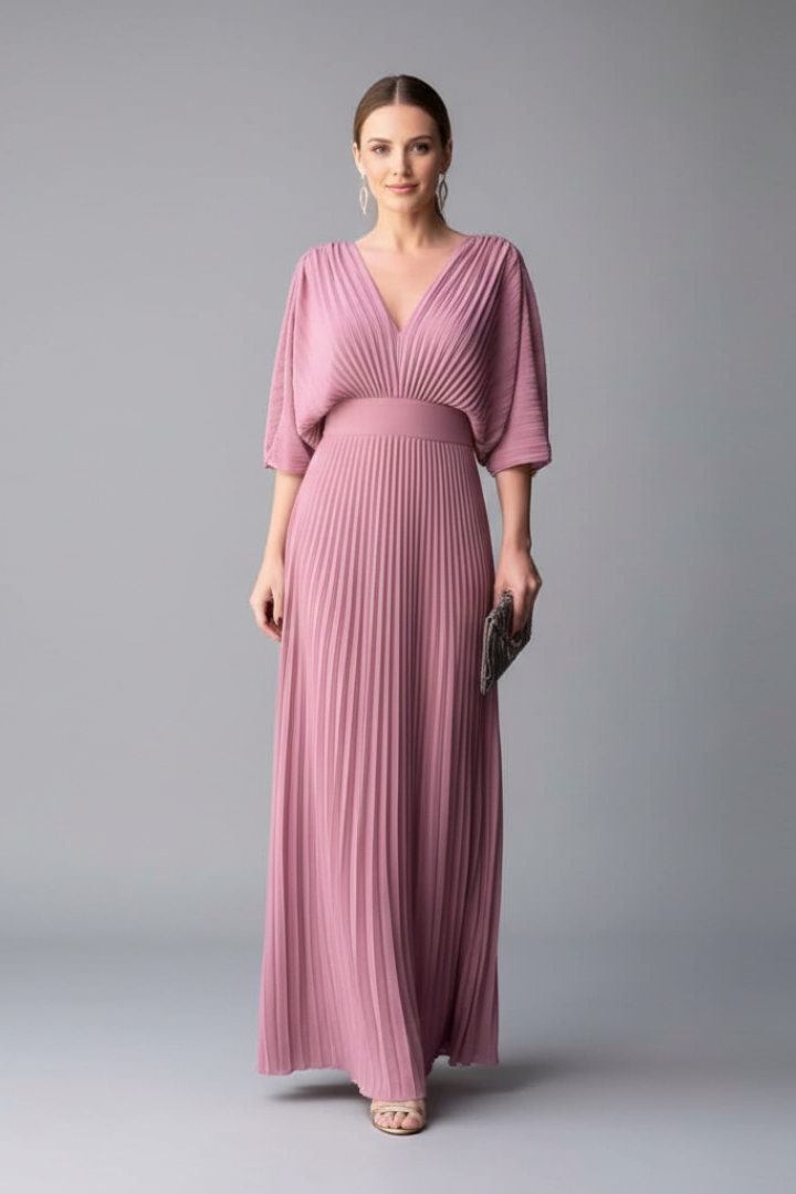 Light blue pleated maxi dress with V neck, sheer sleeves, and matching clutch