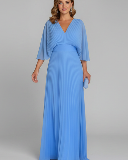 Mint green V neck pleated maxi dress with cape sleeves and full-length skirt