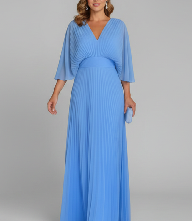 Mint green V neck pleated maxi dress with cape sleeves and full-length skirt
