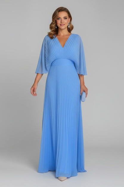Mint green V neck pleated maxi dress with cape sleeves and full-length skirt