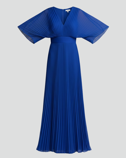 Blue pleated maxi dress with V neck, wide flutter sleeves, and fitted waist