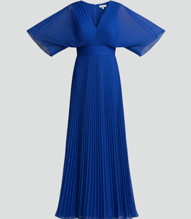 Blue pleated maxi dress with V neck, wide flutter sleeves, and fitted waist
