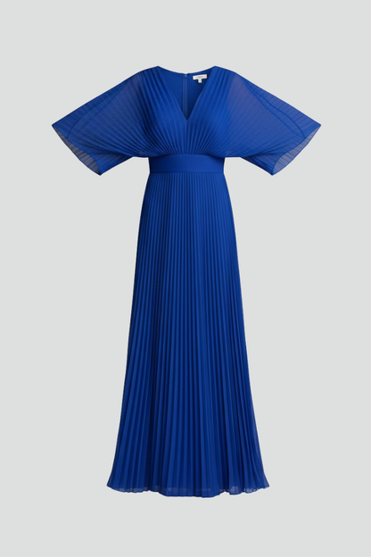Blue pleated maxi dress with V neck, wide flutter sleeves, and fitted waist