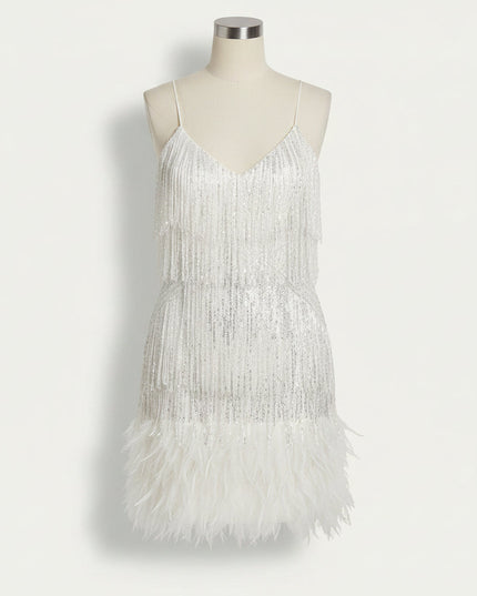 Women's V-Neck Flapper Dress with Sequins and Fringe