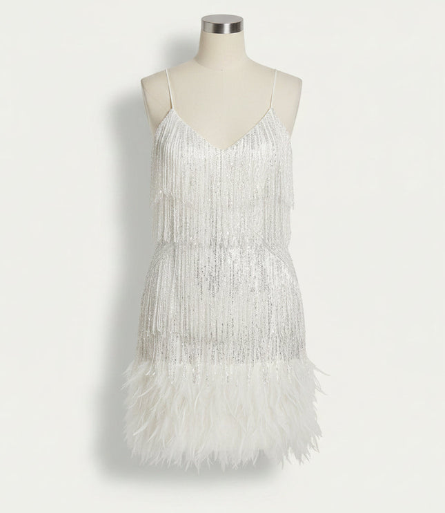 Women's V-Neck Flapper Dress with Sequins and Fringe