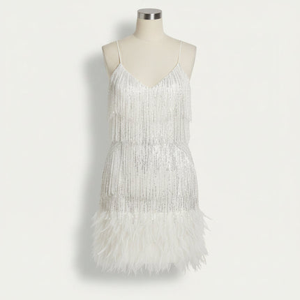 Women's V-Neck Flapper Dress with Sequins and Fringe