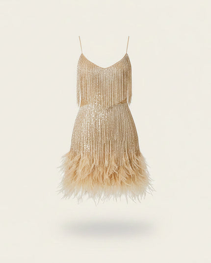 Women's V-Neck Flapper Dress with Sequins and Fringe