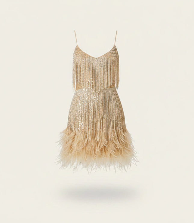 Women's V-Neck Flapper Dress with Sequins and Fringe