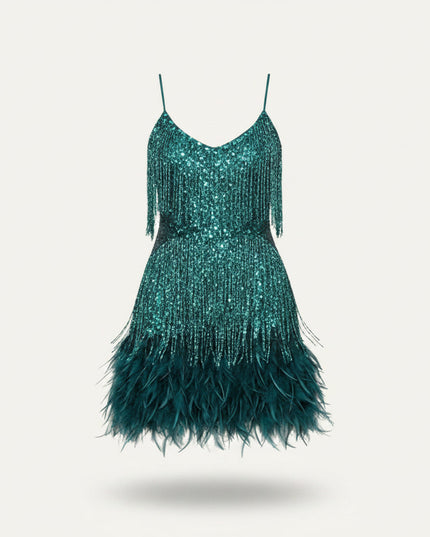 Women's V-Neck Flapper Dress with Sequins and Fringe