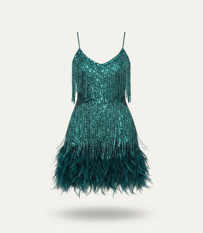 Women's V-Neck Flapper Dress with Sequins and Fringe