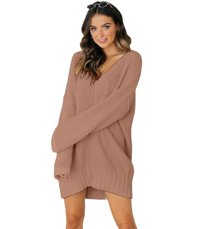 Women's V-Neck Knit Dress in an Oversized Fit with Long Sleeves