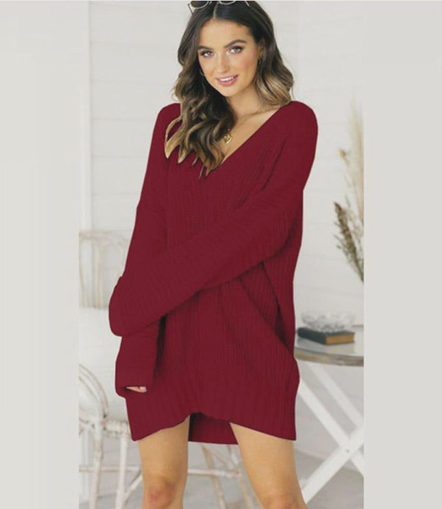 Women's V-Neck Knit Dress in an Oversized Fit with Long Sleeves
