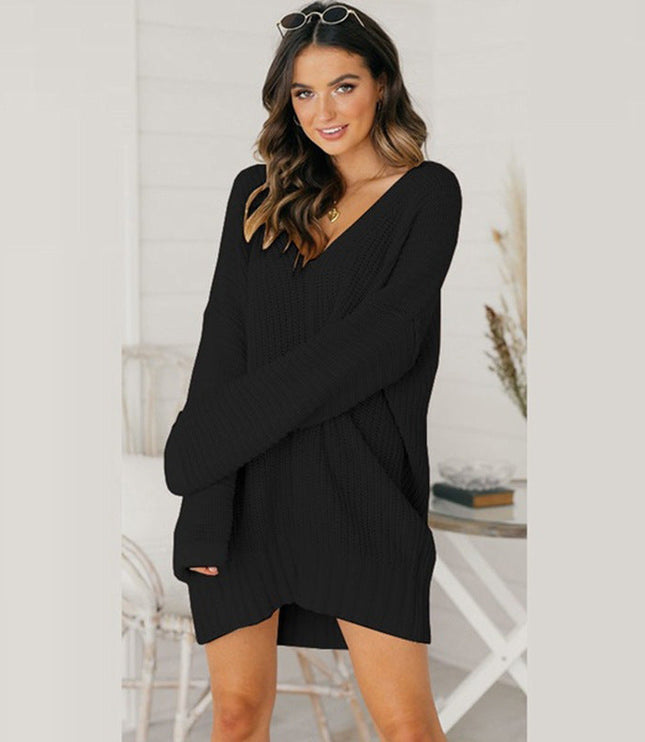 Women's V-Neck Knit Dress in an Oversized Fit with Long Sleeves