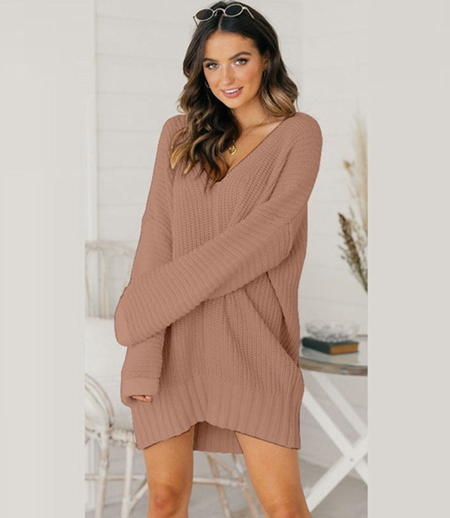 Women's V-Neck Knit Dress in an Oversized Fit with Long Sleeves