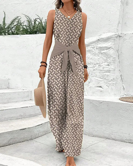 Women’s V-neck printed wide leg jumpsuit maxi dress with sleeveless top and tie waist belt