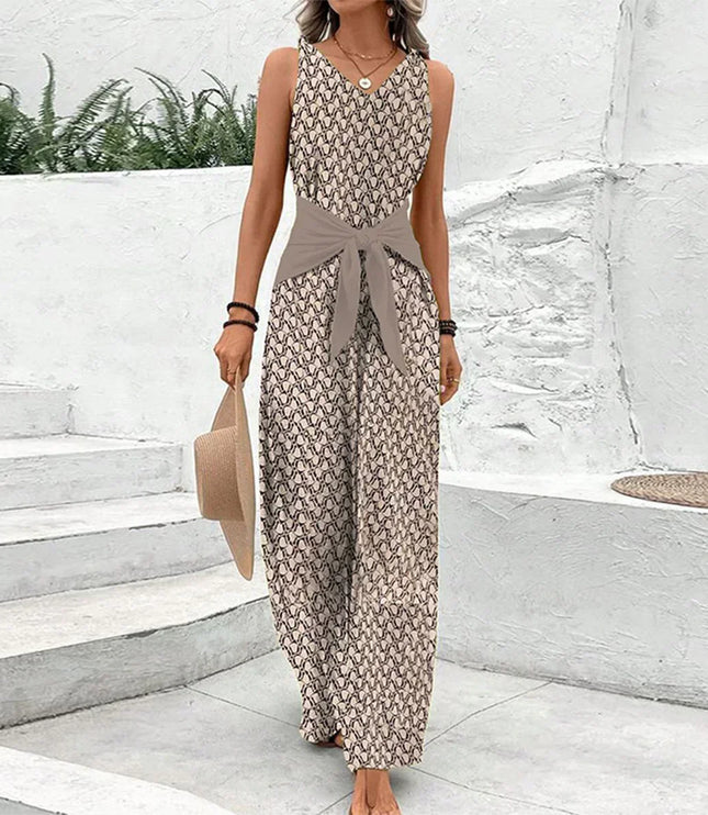 Women’s V-neck printed wide leg jumpsuit maxi dress with sleeveless top and tie waist belt