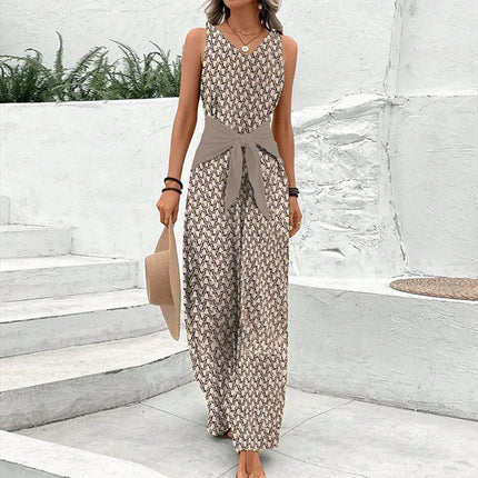 Women’s V-neck printed wide leg jumpsuit maxi dress with sleeveless top and tie waist belt