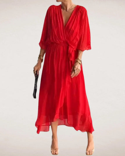 Bright red summer midi wrap dress with deep V neck, loose sleeves, and airy skirt
