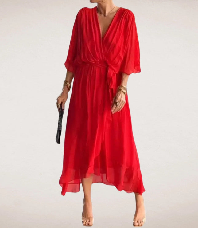Bright red summer midi wrap dress with deep V neck, loose sleeves, and airy skirt