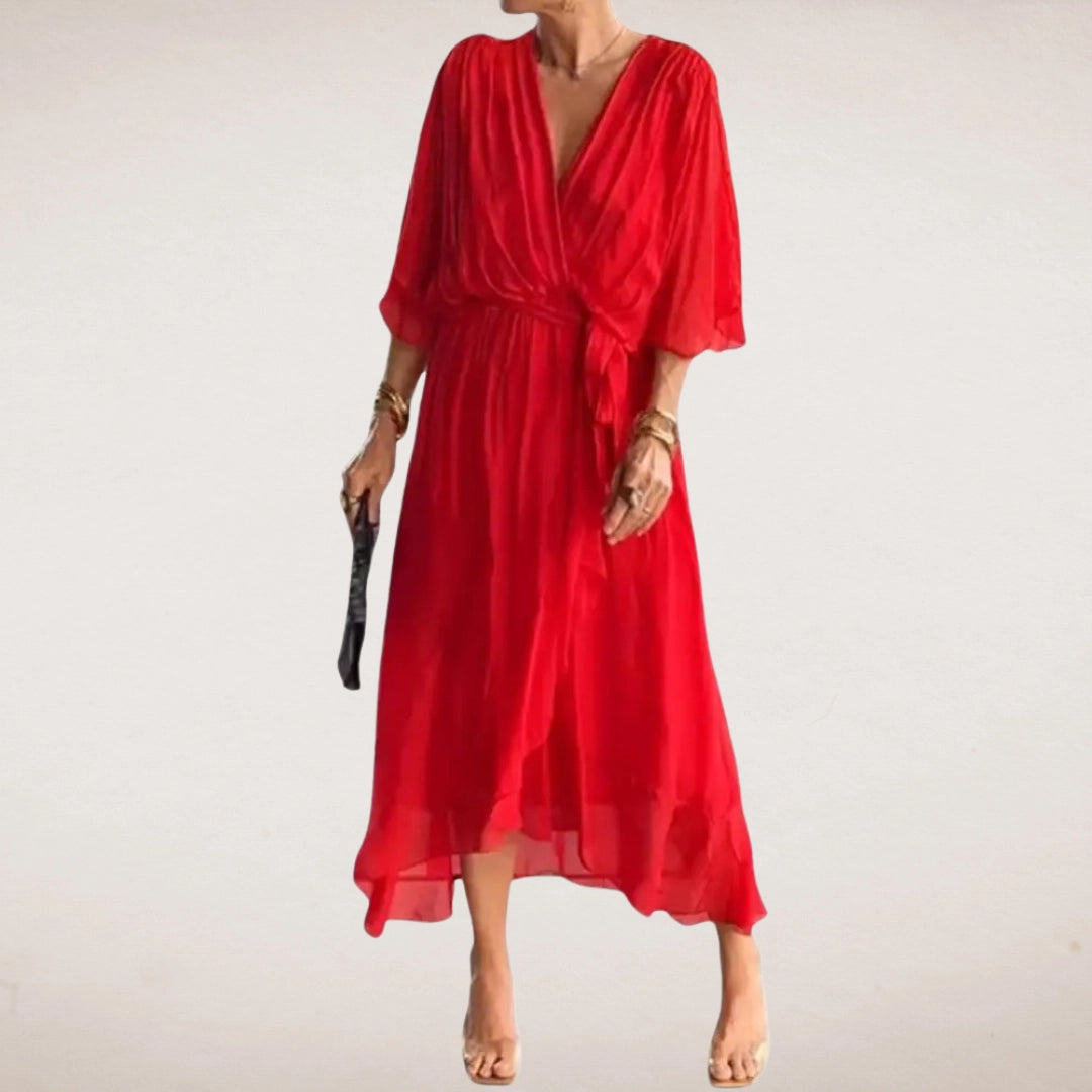 Bright red summer midi wrap dress with deep V neck, loose sleeves, and airy skirt