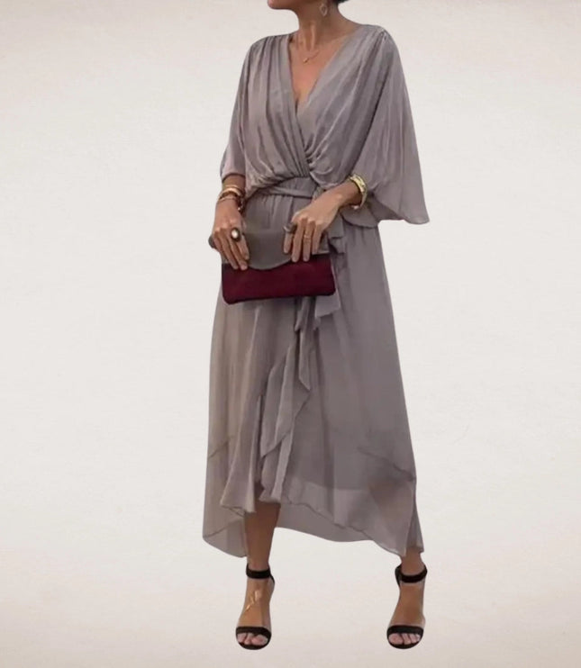 Gray midi wrap dress with V neck, draped short sleeves, and tie waist detail