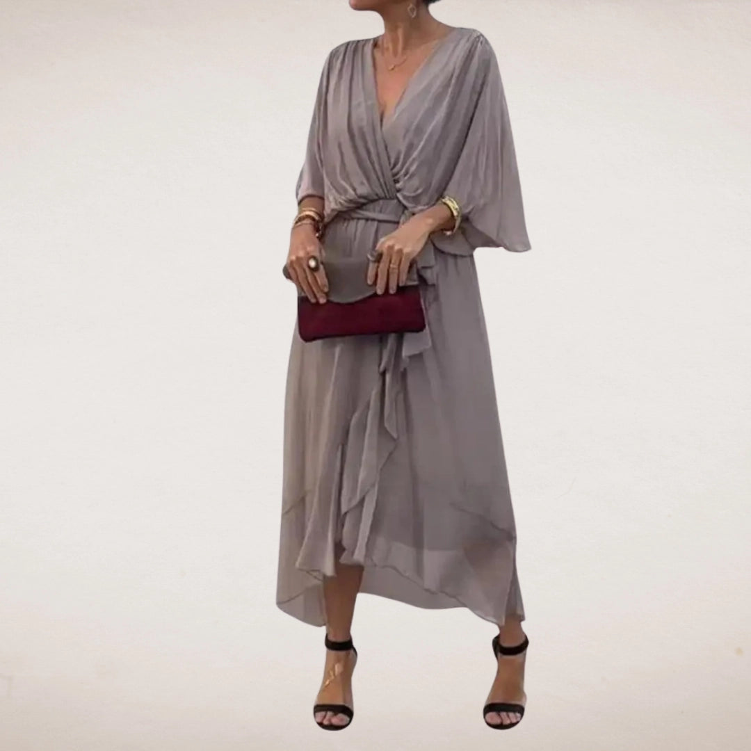Gray midi wrap dress with V neck, draped short sleeves, and tie waist detail