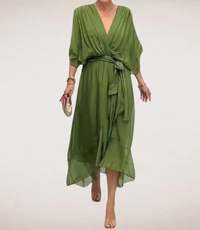 Green v neck midi wrap dress with short sleeves, belted waist, and flowy hem
