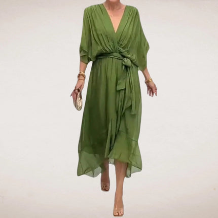 Green v neck midi wrap dress with short sleeves, belted waist, and flowy hem