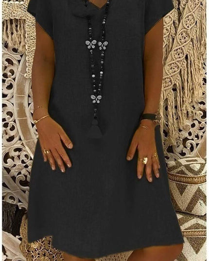 Black linen V neck A line mini dress with short sleeves for casual summer wear