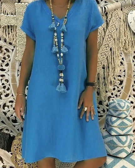 Blue linen V neck A line mini dress with short sleeves and breezy casual style