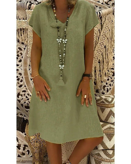 Olive green women's summer linen mini dress with V neck, short sleeves, and soft drape
