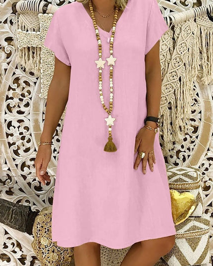Pink linen V neck A line mini dress with short sleeves and relaxed summer silhouette