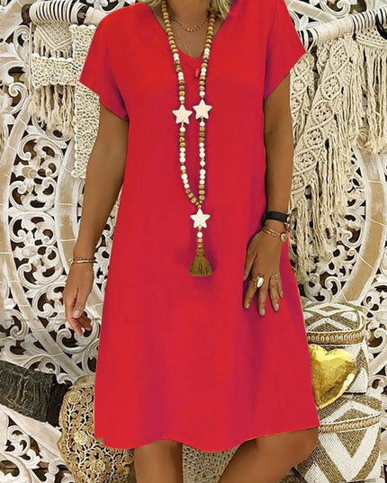 Red women's summer linen V neck mini dress with short sleeves and easy A line cut