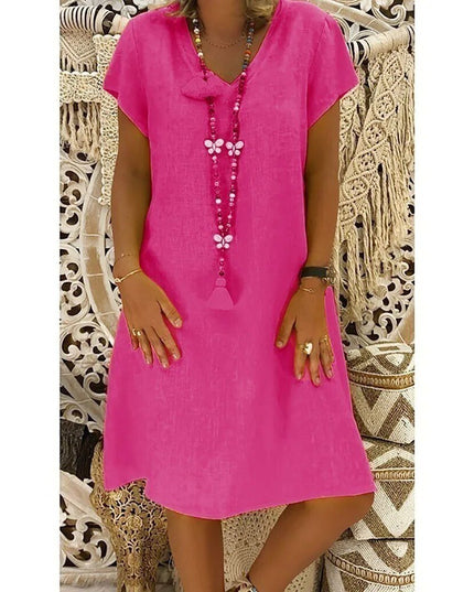 Bright pink linen V neck A line mini dress with short sleeves and lightweight summer fit