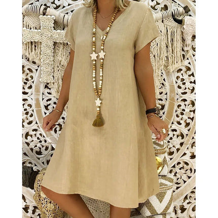 Beige linen V neck A line mini dress with short sleeves and relaxed summer fit