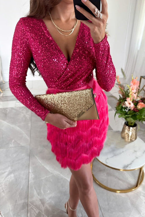 Women's V-Neck Wrap Dress with Sequins and a Fringe Hem